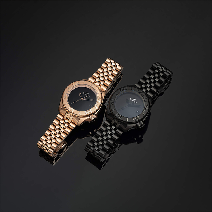 Rose gold and full black Louvet watches in the black background